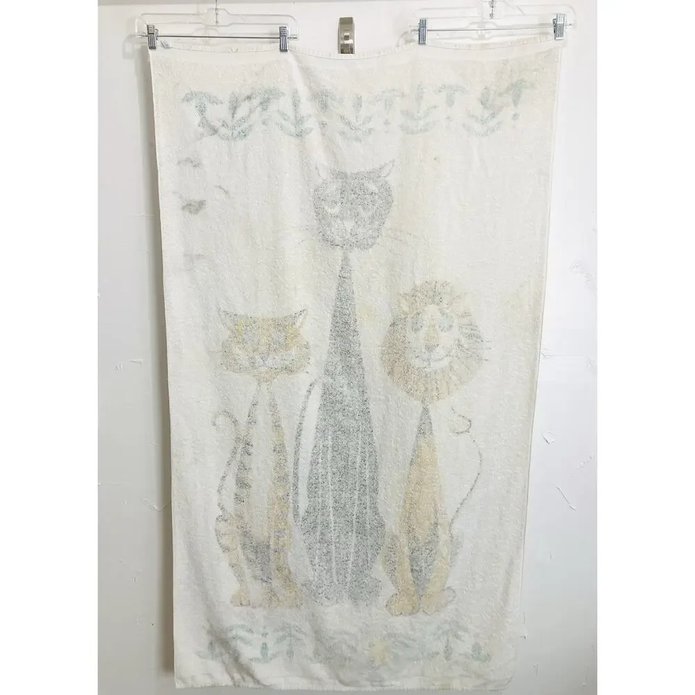 Vintage 1950s 60 Cannon Terry Beach Towel Tiger Pop Art Lion Graphic Black Cat O